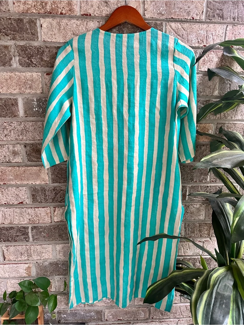 Linen Striped Turquoise and White Tunic Kurta Swimsuit coverup with pockets - Picture 2 of 8